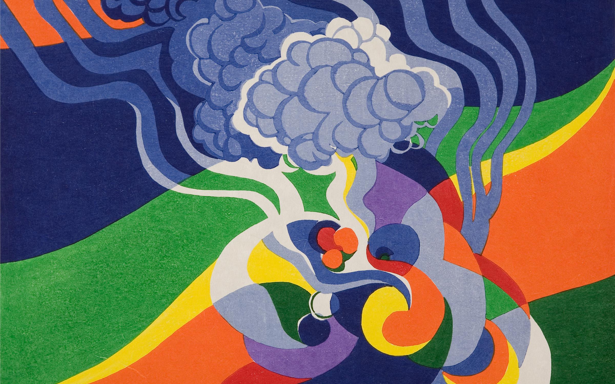 a colorful abstract print of curved blocks of bright colors swirling toward the center of the composition with a cloud-like blue and white puff floating up from the center 