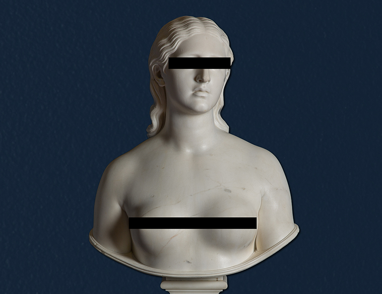 A nude, porcelain bust of a woman with digital black bars covering her eyes and chest.