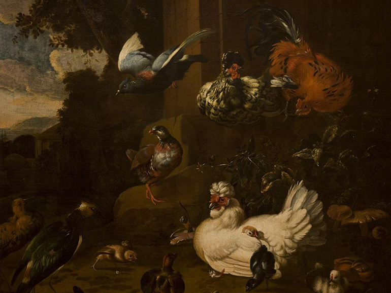 A dark, oil painting of different types of fowl.
