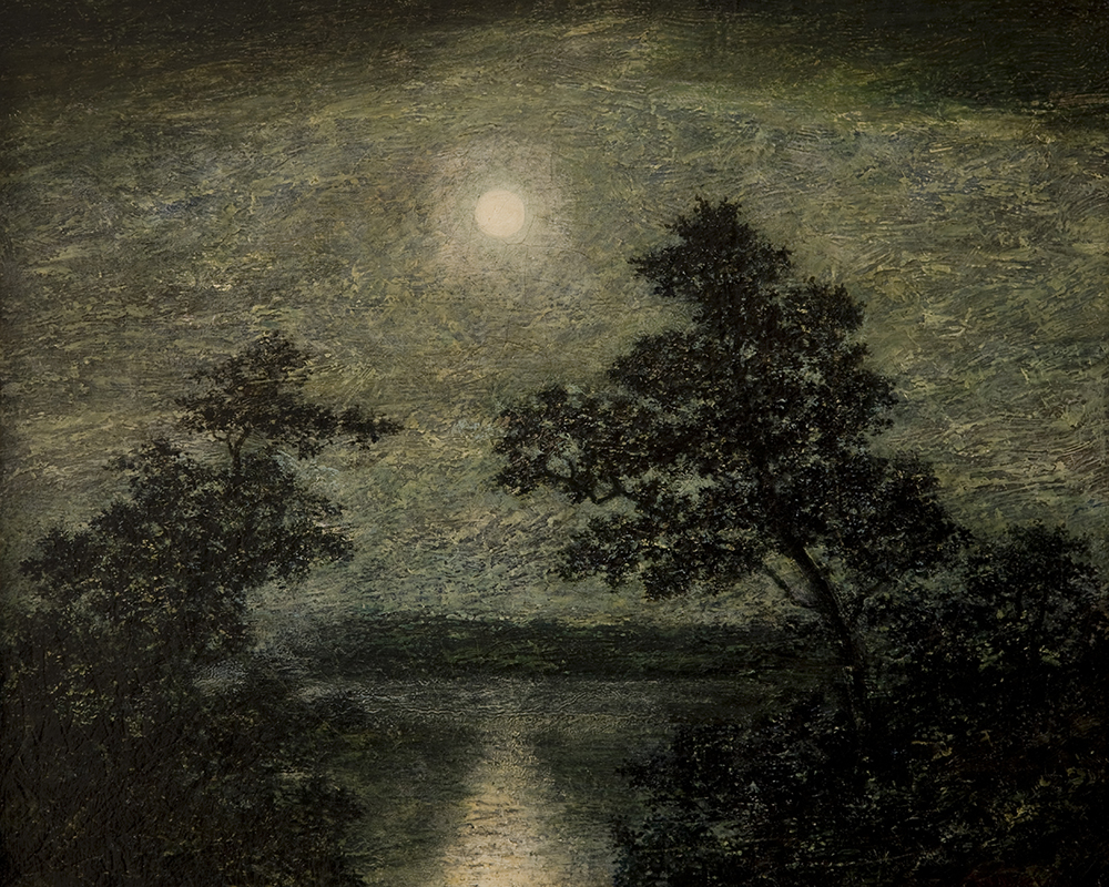 a landscape with trees on either side of the painting and a lake or river in the middle. A moon is in the upper center of the sky and shines on the water. There are low hills in the background. The sky and water are painted in a blue/grey paint with the land and trees painted in black.