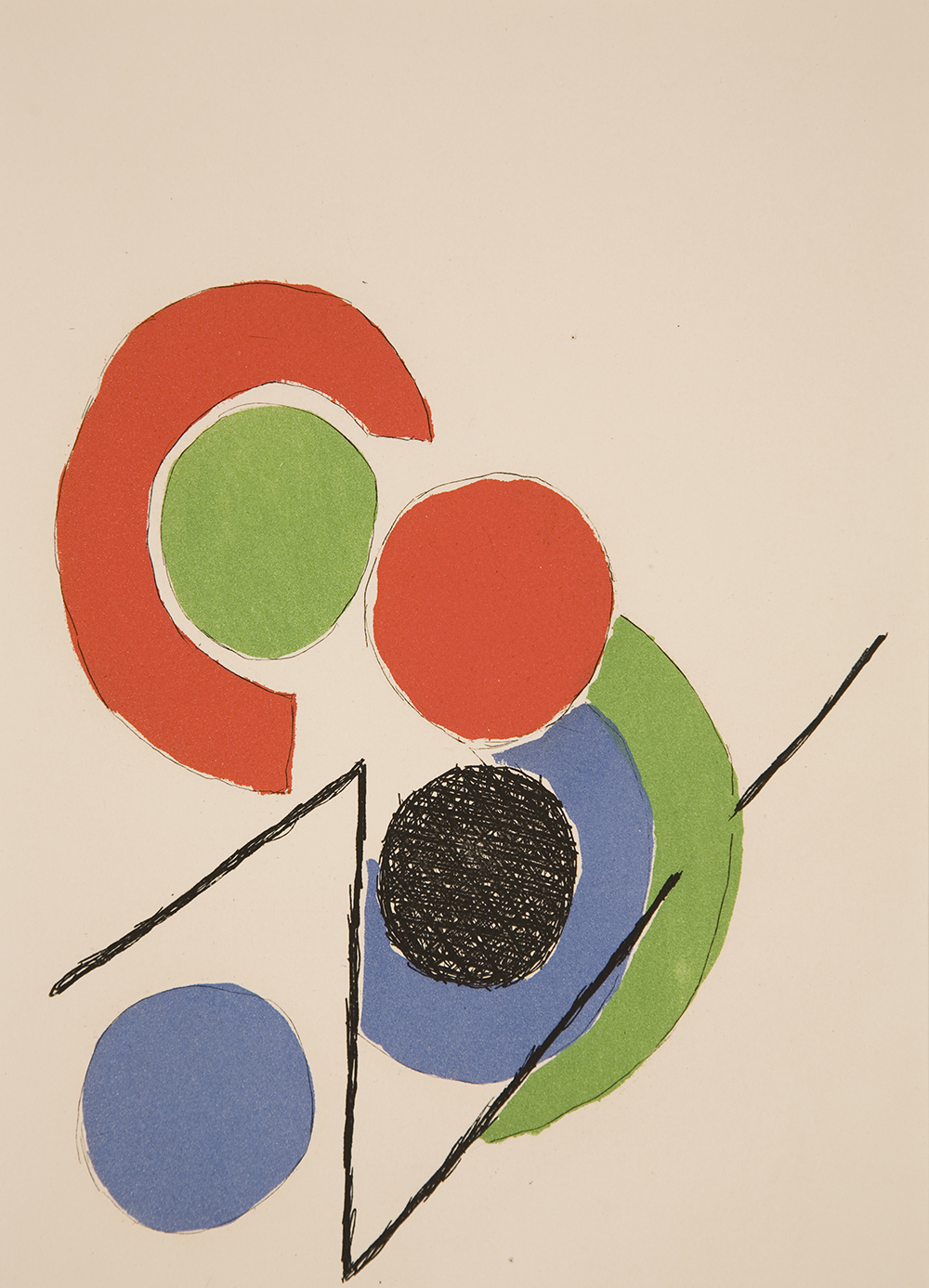 an etching of circles, arcs and lines. Four circles are scattered on the lower half of the paper, each one a different color: green, red, black, and blue. A red, green and blue arc surround the circles. A black line in the shape of a “Z” slants across the page among the circles and arcs. 