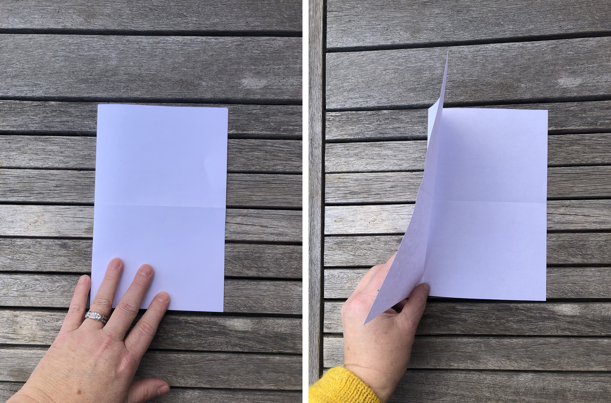 two images side by side of a piece of white paper folded in half on the short side