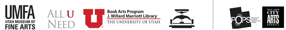 Logos for UMFA, U of U Book Arts Program, Salt Lake City Arts Council, POPS