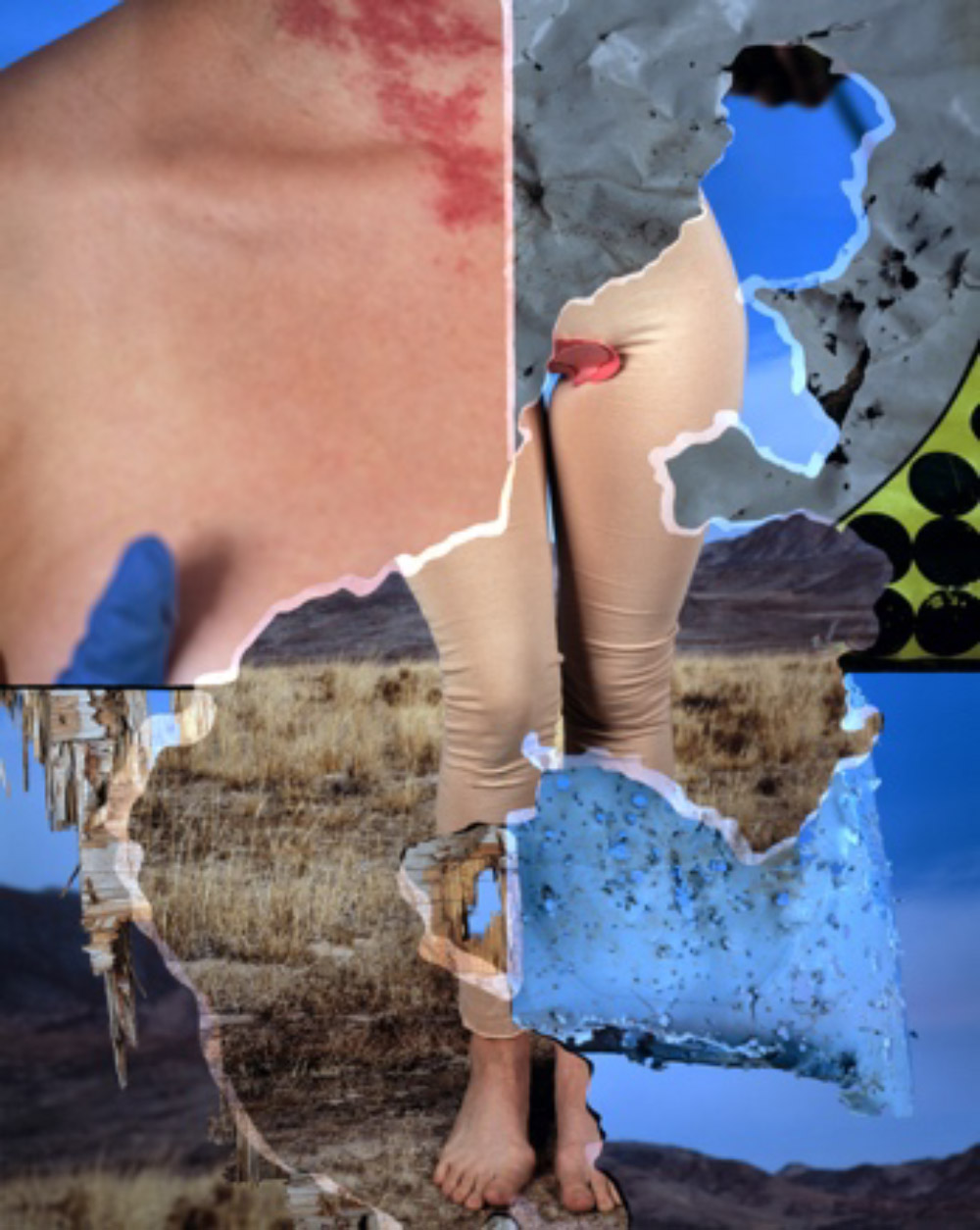 a collage of torn photographs. Several images are fragments of landscapes. The main image in the center is a pair of legs standing in a landscape. The top left image is a closeup of a person’s shoulder.  