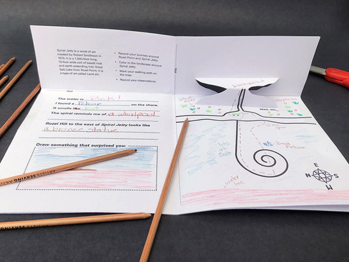 Completed Spiral Jetty field guide with pop up mountain
