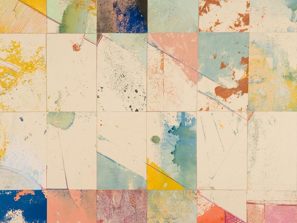an abstract composition of a grid with textures rectangles in pastel colors