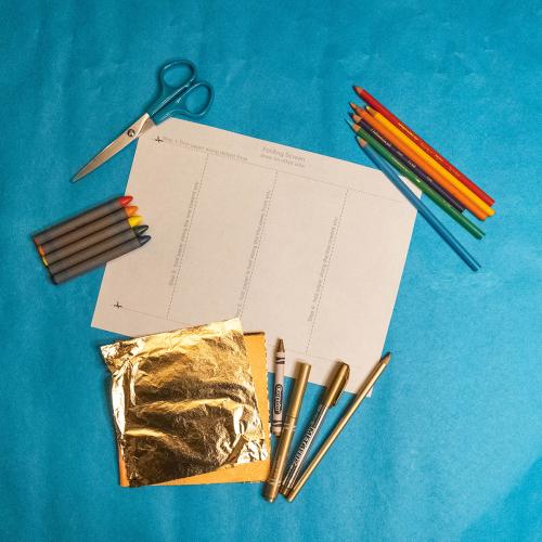 Art supplies for a Japanese mini screen, paper template, crayons, colored pencils, scissors, gold markers, crayon and pencil and gold leaf 