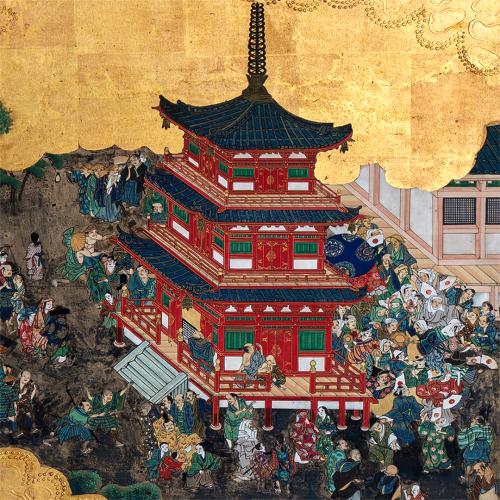 Detail of a pagoda within The Kiyomizu Temple folded screen. A red pagoda towers above a large group of people.