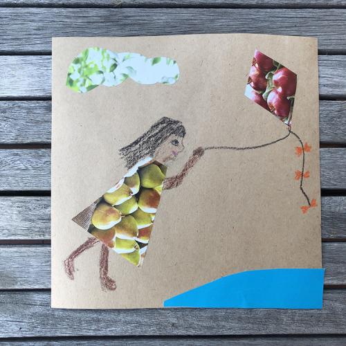 a square piece of cardboard with a collage of a girl holding a kite
