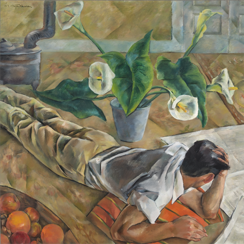 A painting of a man laying on the ground on his stomach, propping himself up on his elbows. He is next to a pot with white lilies on his left. There is a stove in the background and a bowl of fruit on his left side.