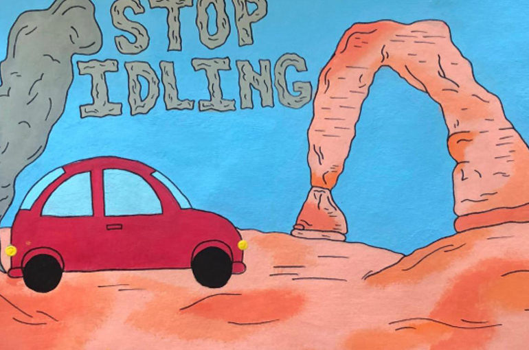 a drawing of a small red car on red rock ground with delicate arch in in the background and the words stop idling forming in the sky from the smoke coming out of the cars tail pipe