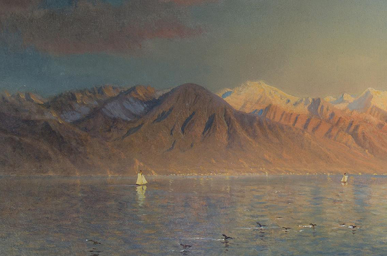 painting of the Wasatch Mountains with Great Salt Lake in the foreground. There is a little white sale boat in the lake. 