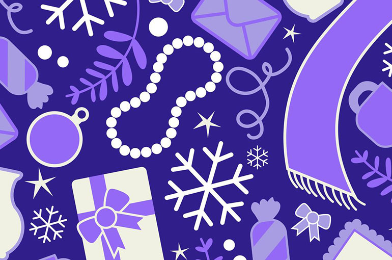 Holiday Market graphic ad of white and light purple holiday themed icons on a dark purple background