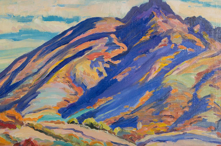 an impressionistic painting of a mountain with purple and blue shadows and yellow highlight rising up out of rolling hills. The mountain is large taking up most of the frame there is a mall section of sky showing at the top