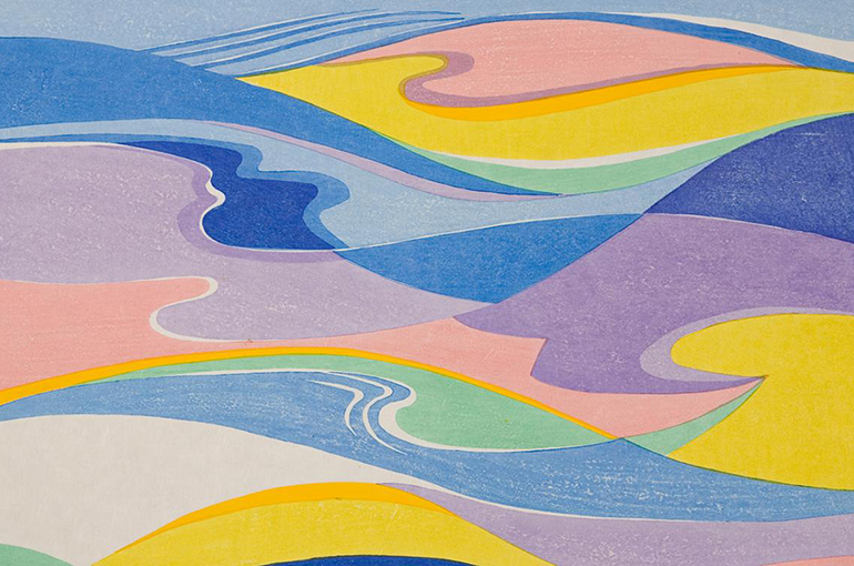 abstract woodblock print of waves and water in color blocks of blues, purple and yellow 