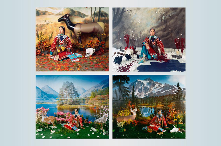 four images of an indigenous North American woman posed in fake scenes representing the four seasons