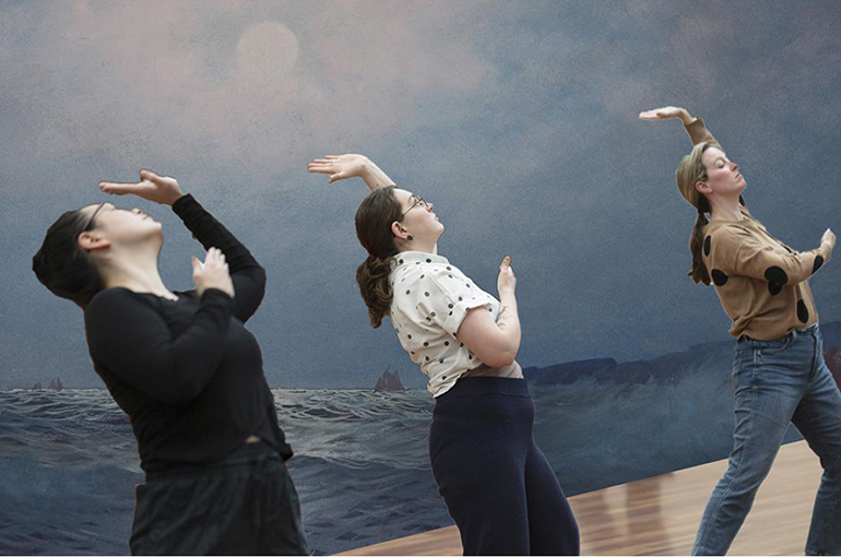 three women moving through a tai chi exercise super imposed onto an oil painting of an ocean