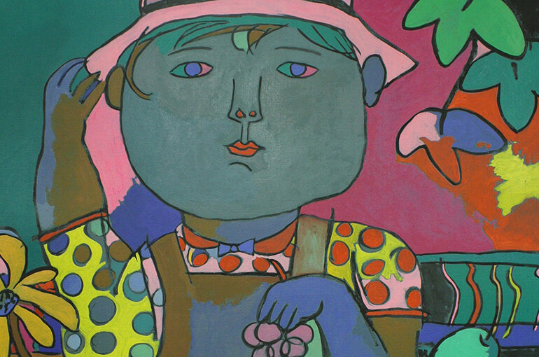 A colorful, abstract painting of a boy, holding a piece of fruit. He wears a hat, bowtie, overalls, and a shirt with polka dots.