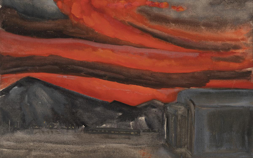 A landscape painting of a dark red sky and grey shelters.