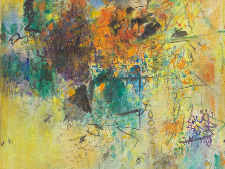 A multi-colored abstract painting with yellow, orange, purple and teal splotches and black scribbled lines over the top.