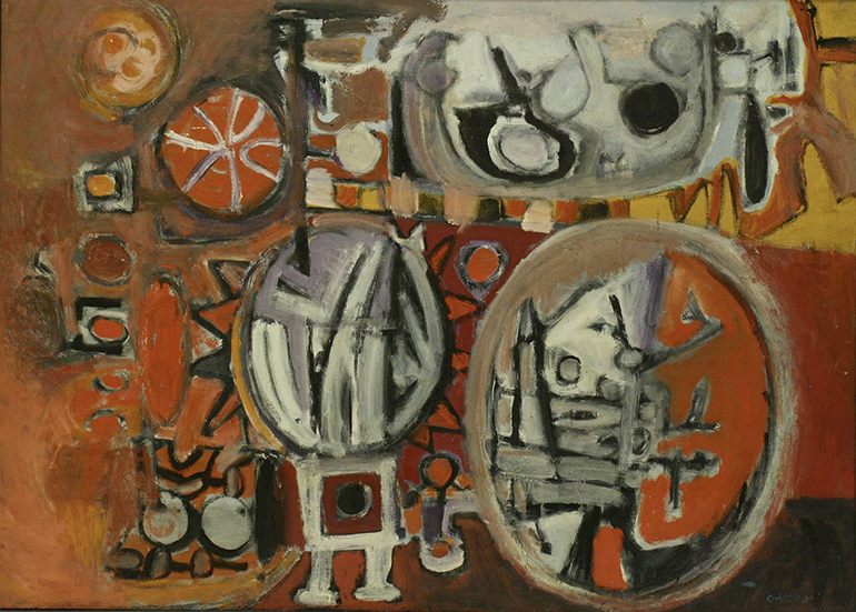 An oil painting sketch of warm-colored shapes and symbols covering the entire canvas.