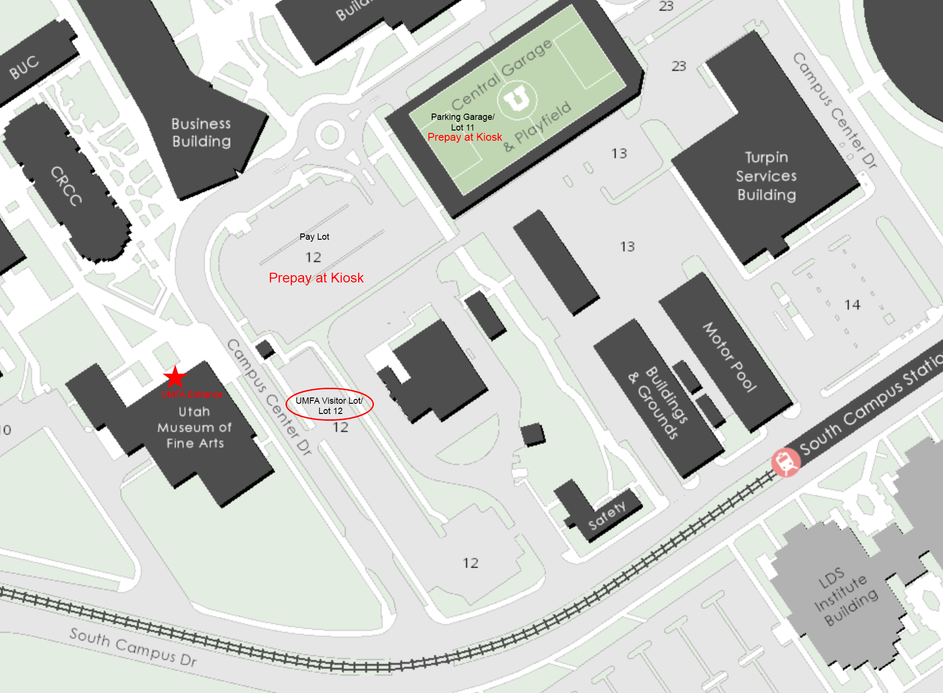 A simple map of available parking around the UMFA building.