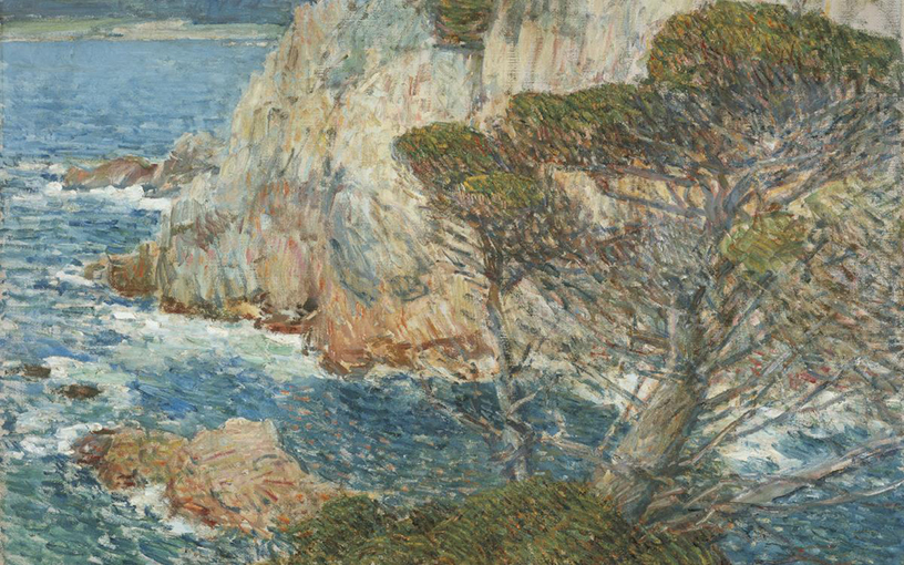 an impressionist painting of a tree hanging on a cliffside above a blue ocean.