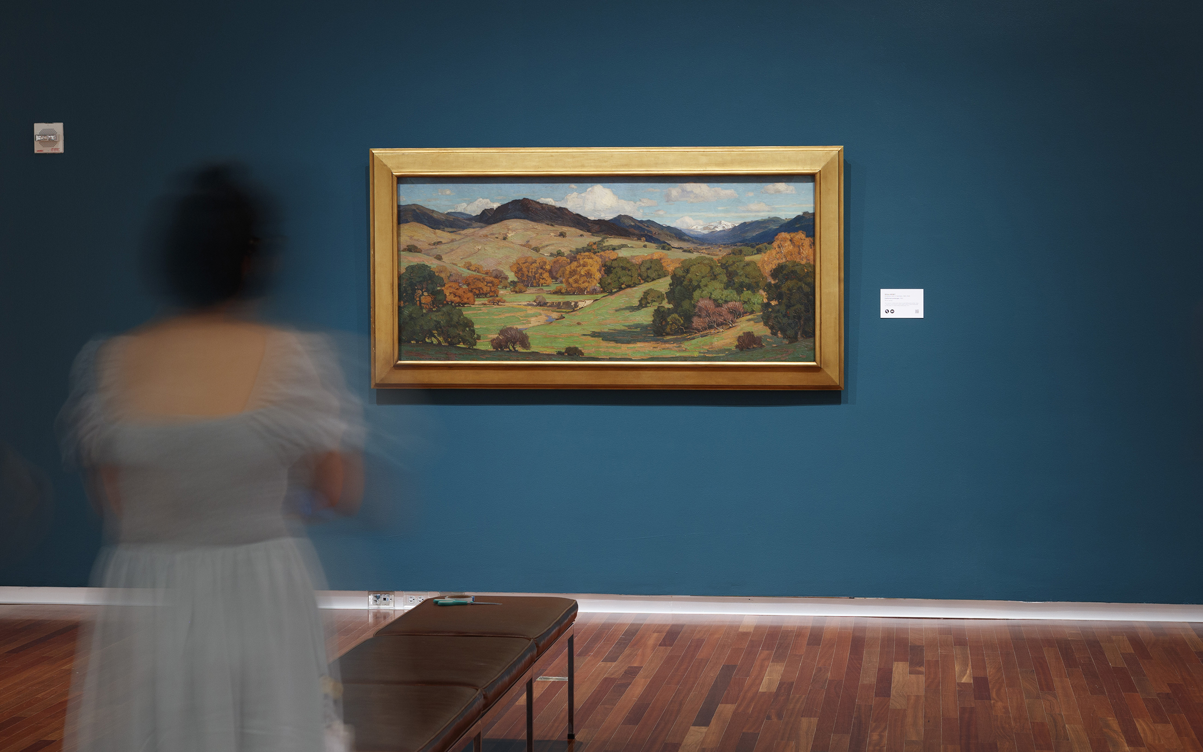 A person with dark hair in a light blue dress stands behind a bench, facing a gold-framed landscape painting.