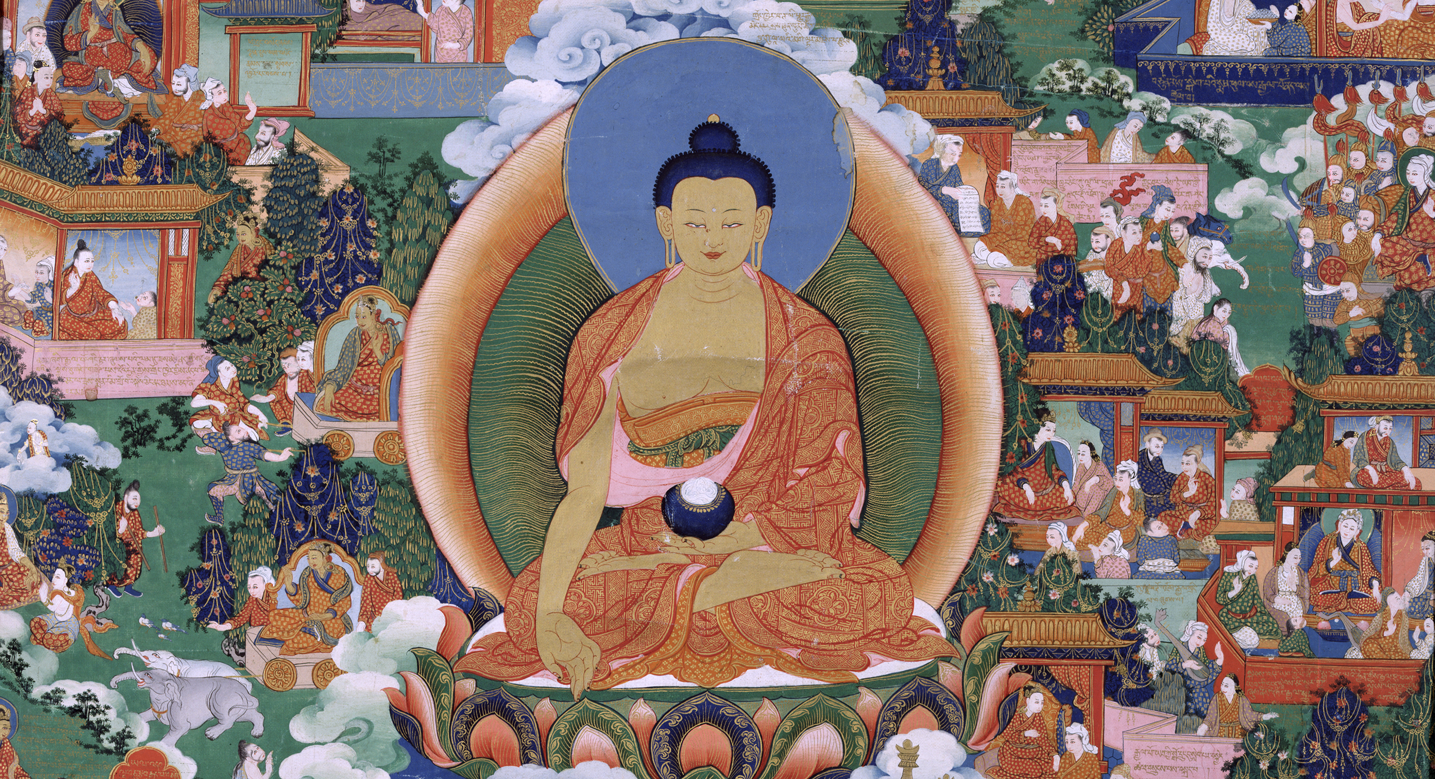 A colorful image of a buddha surrounded by smaller figures in different action scenes.