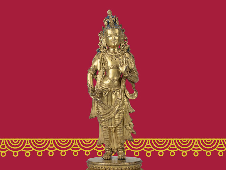 A metal statue on a red background with a gold scallop pattern at the bottom.