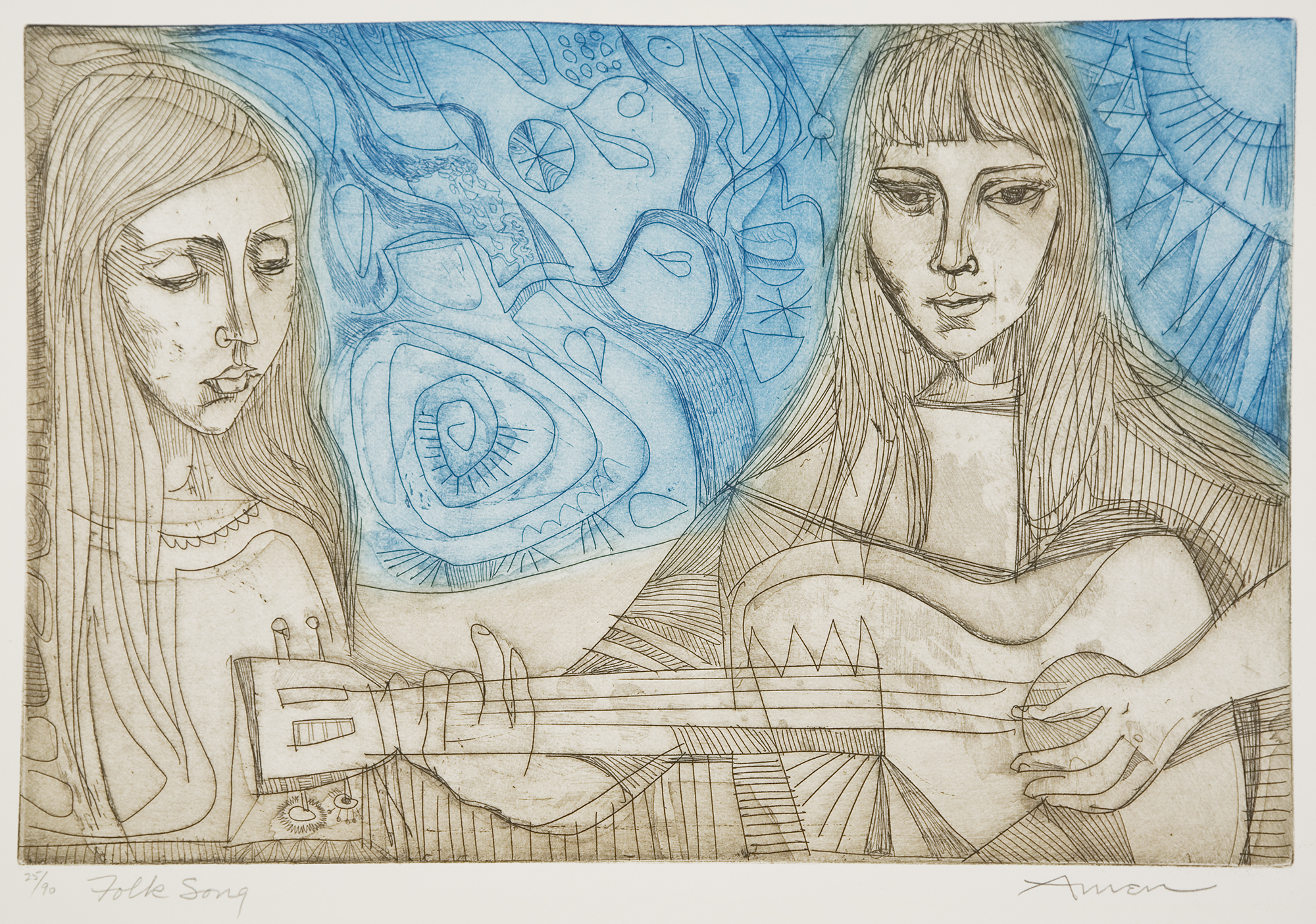 Irving Amen (1918 – 2011), The Folk Song, 1970, etching, 16 ¾ x 22 ¼ in., Gift of Marion Sharp Robinson, UMFA1970.010.001. R: Utah Philips in Concert, University of Utah Archives: Musical Performances – Miscellaneous vertical files. J. Willard Marriott Library, University of Utah. 