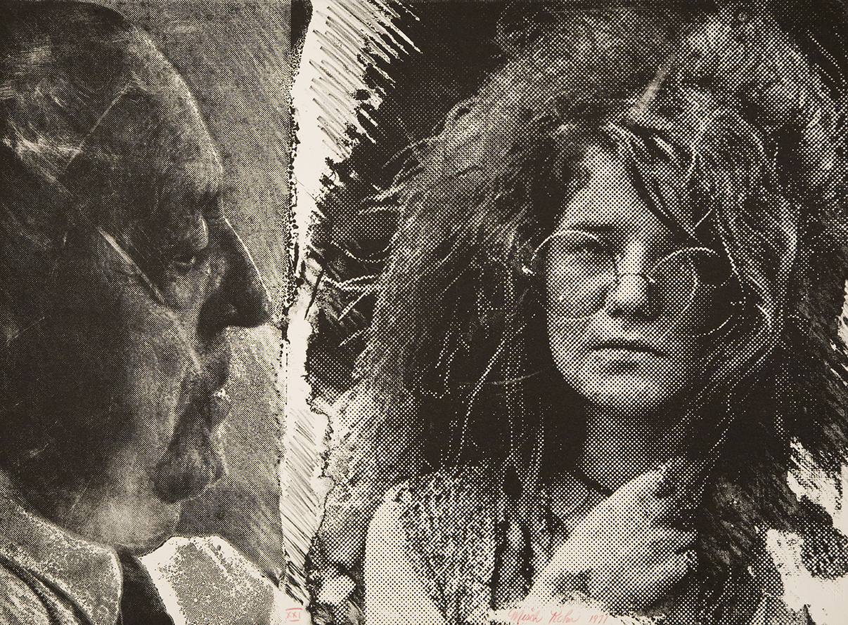 Misch Kohn (1916-2003), Janis Joplin and Mies van der Rhoe, 1971, lithograph, 13 ½ in. x 9 5/8 in. Gift of Christopher A. & Janet Graf, UMFA1972.042.012.007. 
