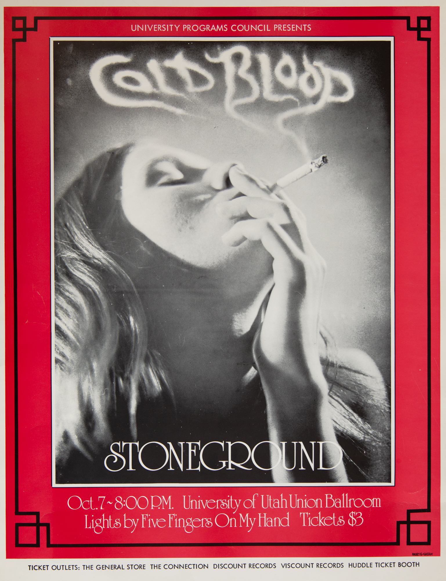 Cold Blood with Stone Ground, University of Utah Ballroom, 1972. University of Utah Archives: Musical Performances – Miscellaneous vertical files. J. Willard Marriott Library, University of Utah. 