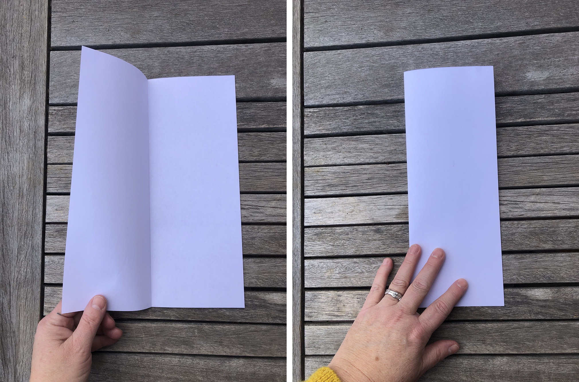 two images side by side showing a white piece of paper folded in half lengthwise, like a hotdog bun