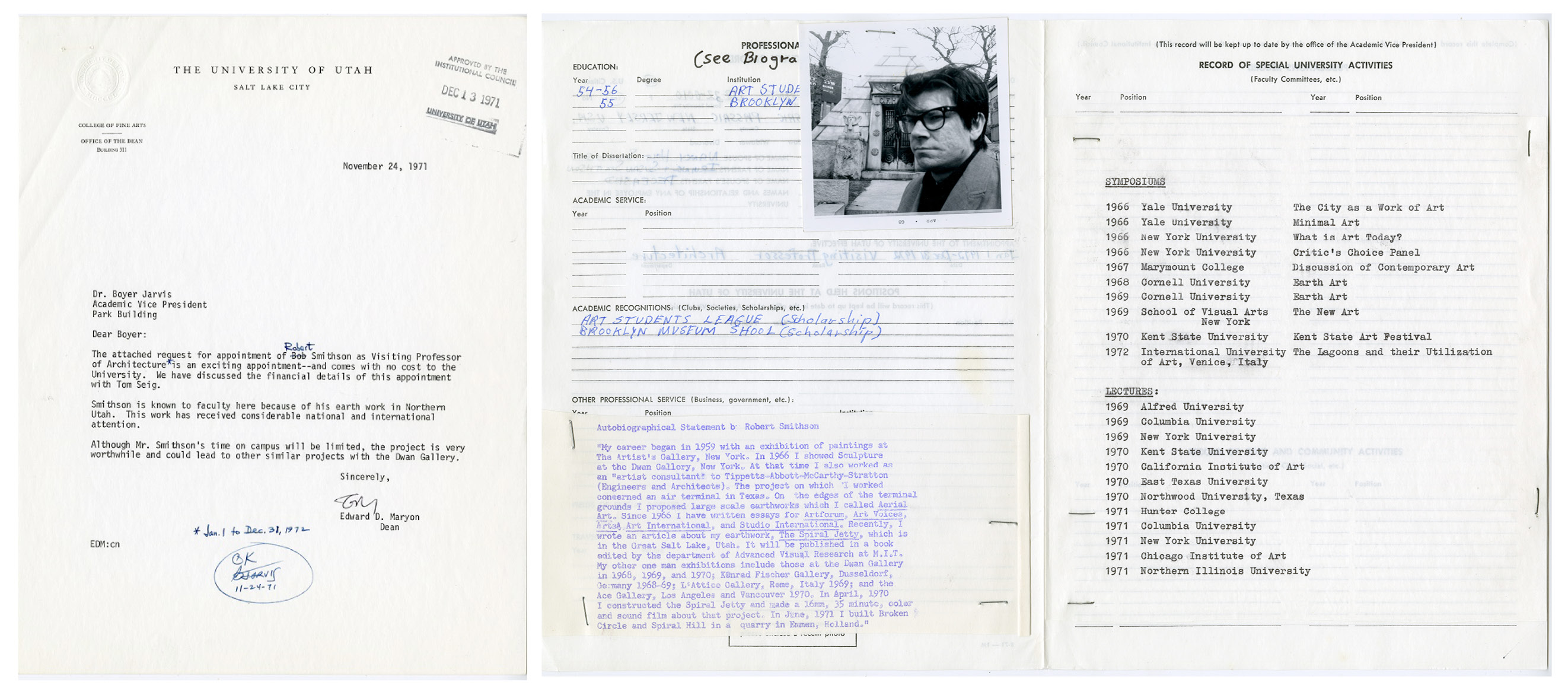 Robert Smithson faculty appointment files from University of Utah