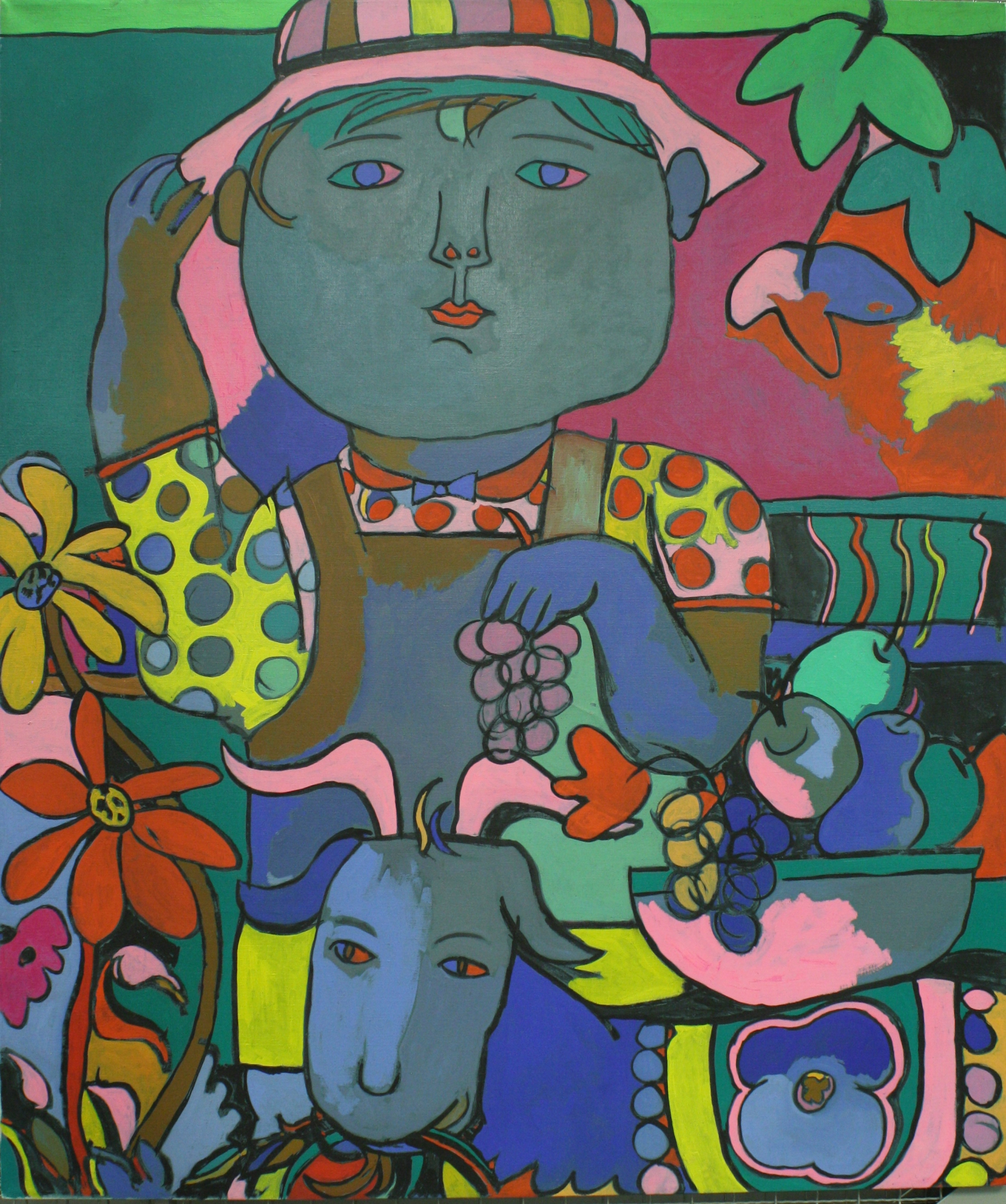 a colorful acrylic painting of a boy holding grapes and a bowl of fruit balanced on the back of a goat surrounded by flowers