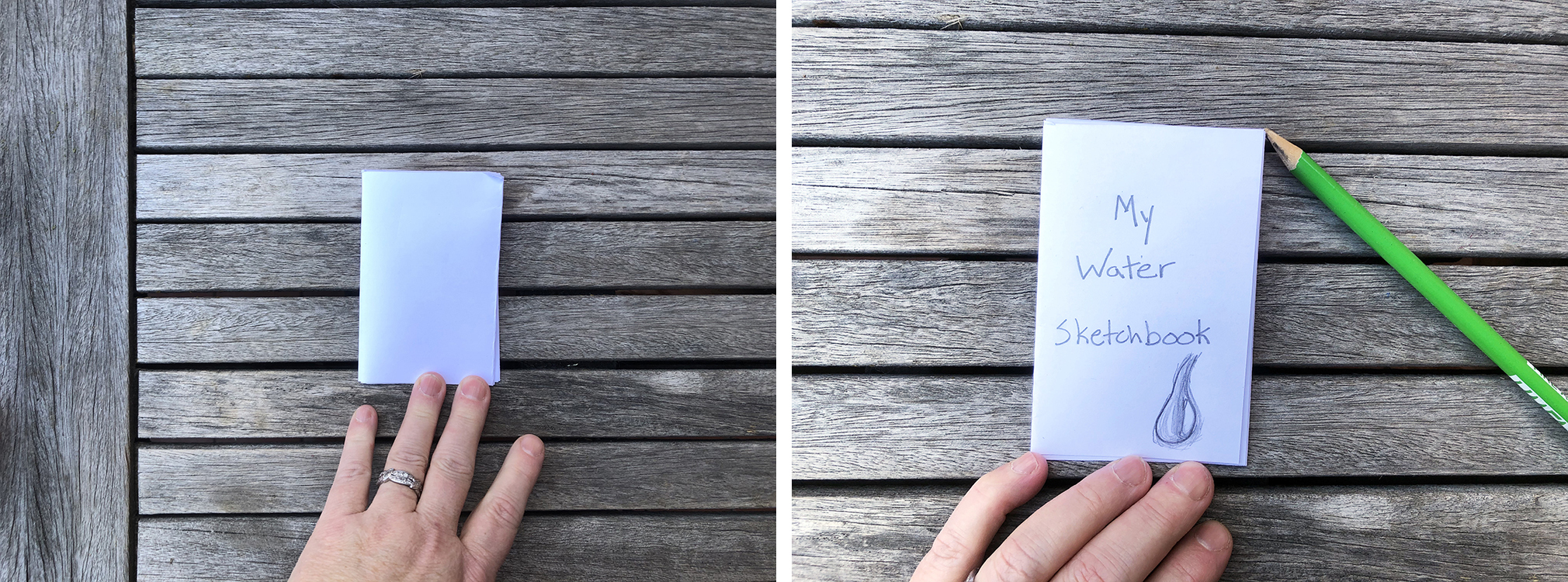 two images of a piece of paper folded into and accordion sketchbook, on with a black cover and one with "my water sketchbook" written on it. 