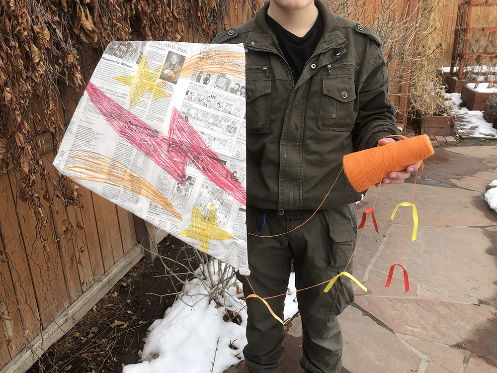 A boy holding a finished kite outside by a fence covered in vines