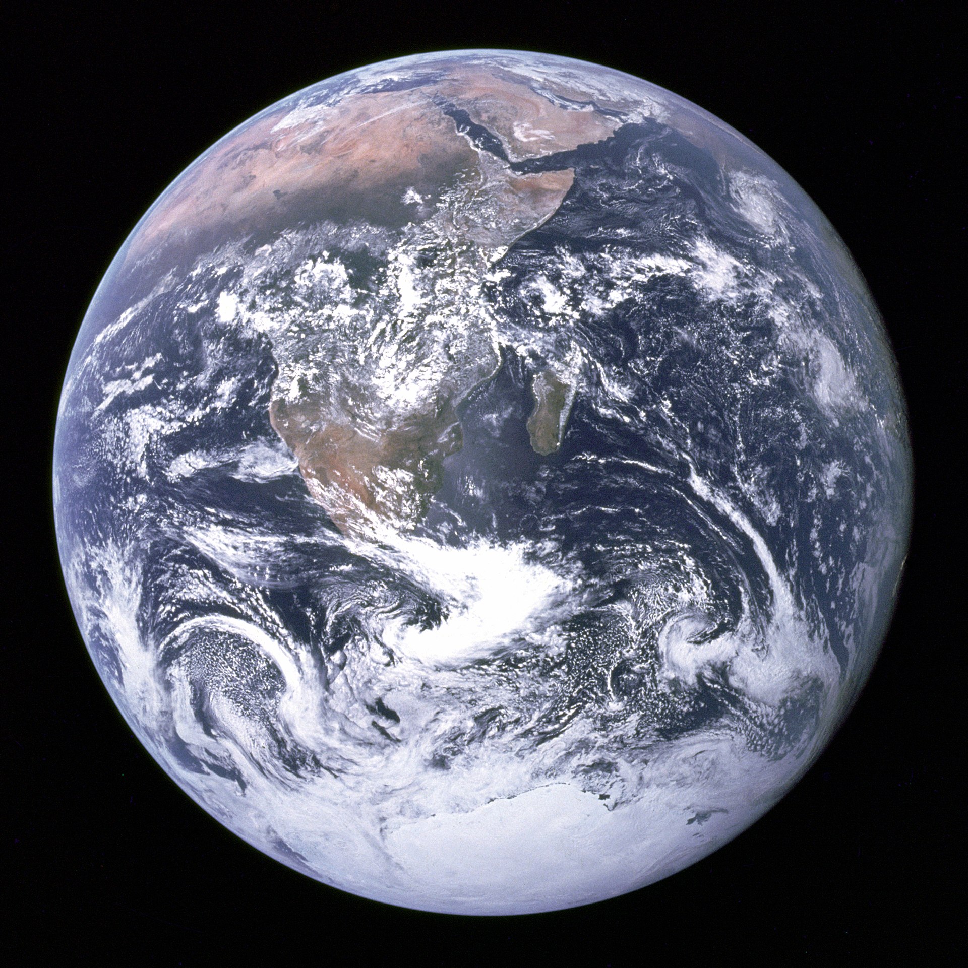 The Earth from space take from Apollo 17. The African continent is centered, wispy clouds get thicker towards the Southern hemisphere. 