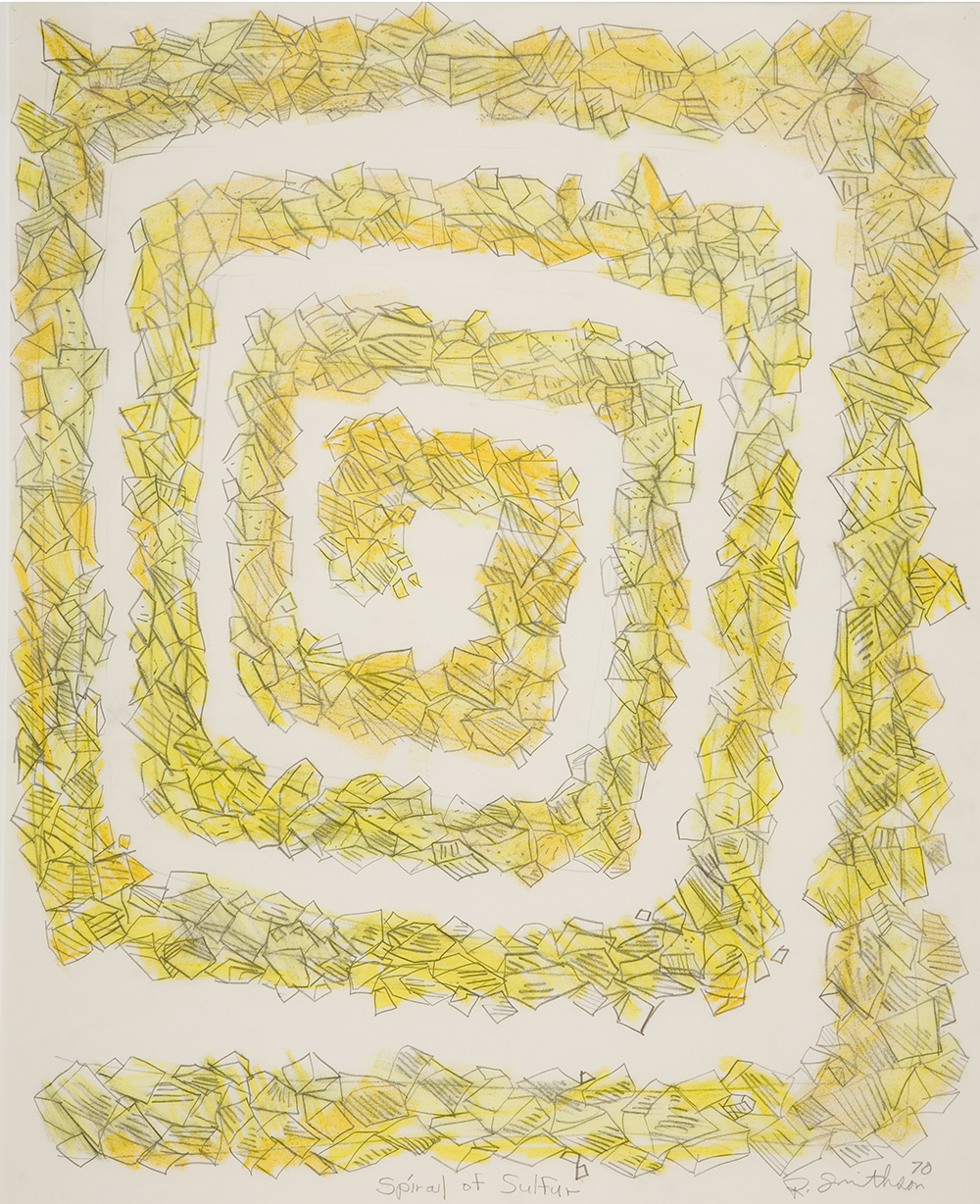 a drawing of a yellow spiral of rocks from a birds-eye view. The spiral takes up the entire page and is squared off at the corners. 