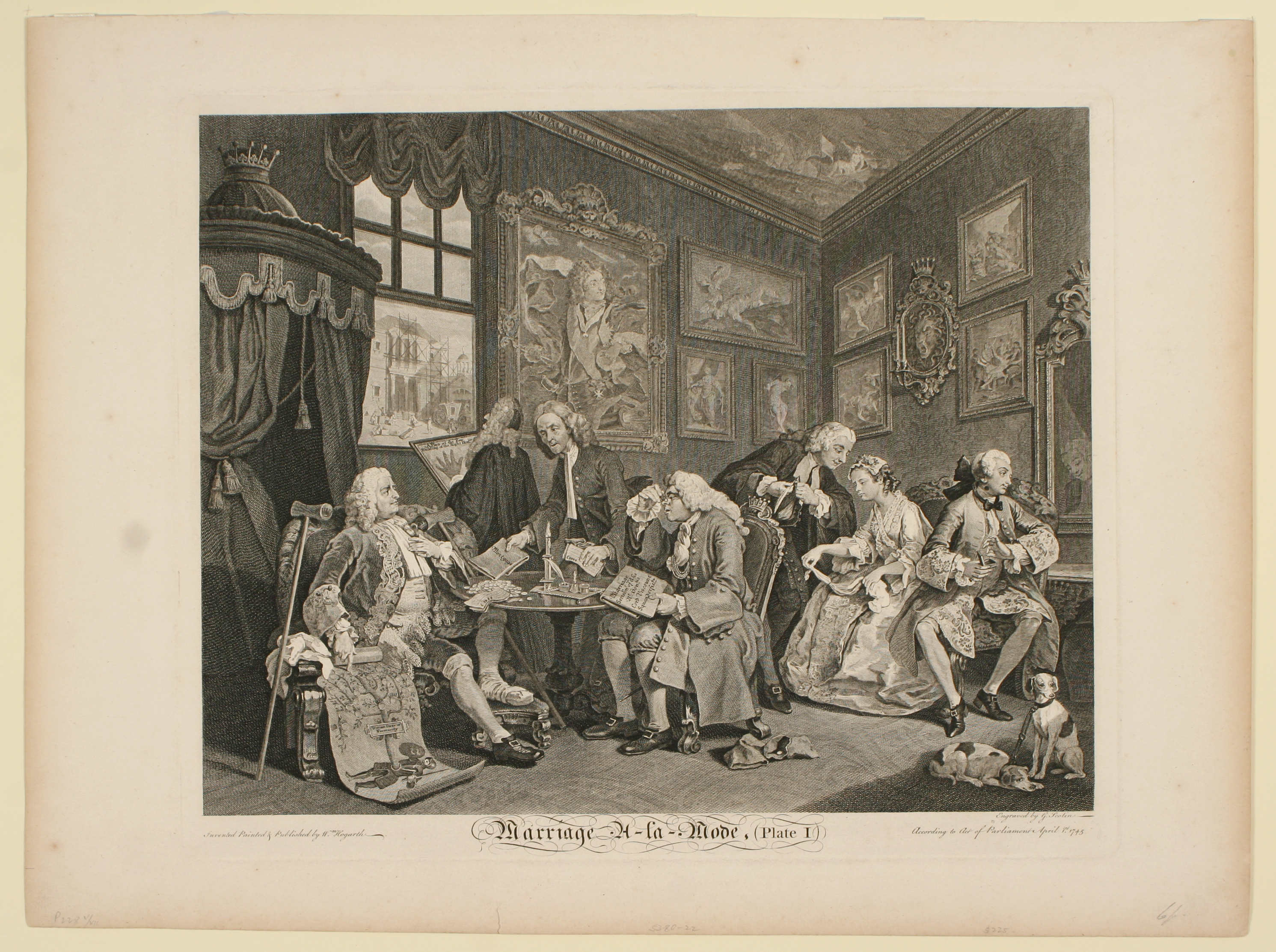 A black and white print on yellowed paper. Rich people sit in a heavily decorated room. The caption reads "Marriage A-la-Mode. Plate 1"