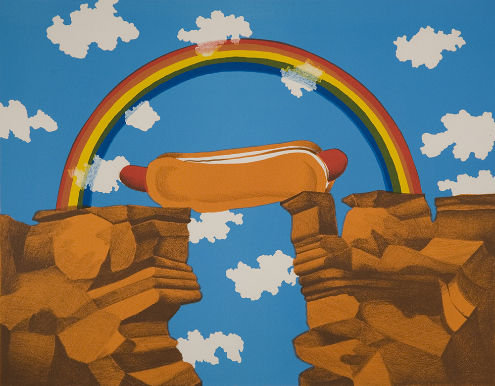a humorous illustration on a hot dog in a bun spanning the gap between two red rock cliffs with a rainbow in the sky behind it 