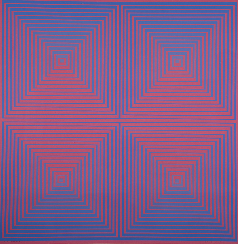 geometric pattern of magenta and purple concentric squares 