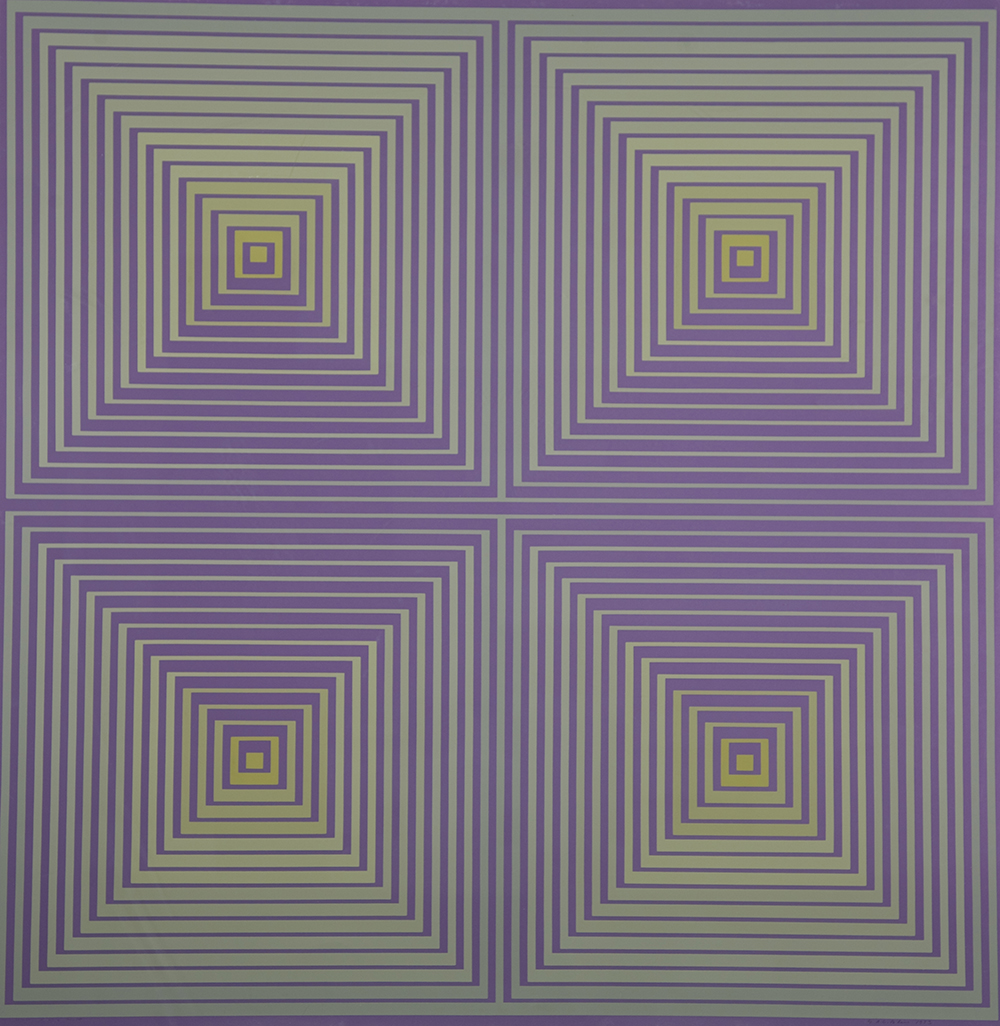 Purple and grey/green alternating colors in a geometric design of concentric squares