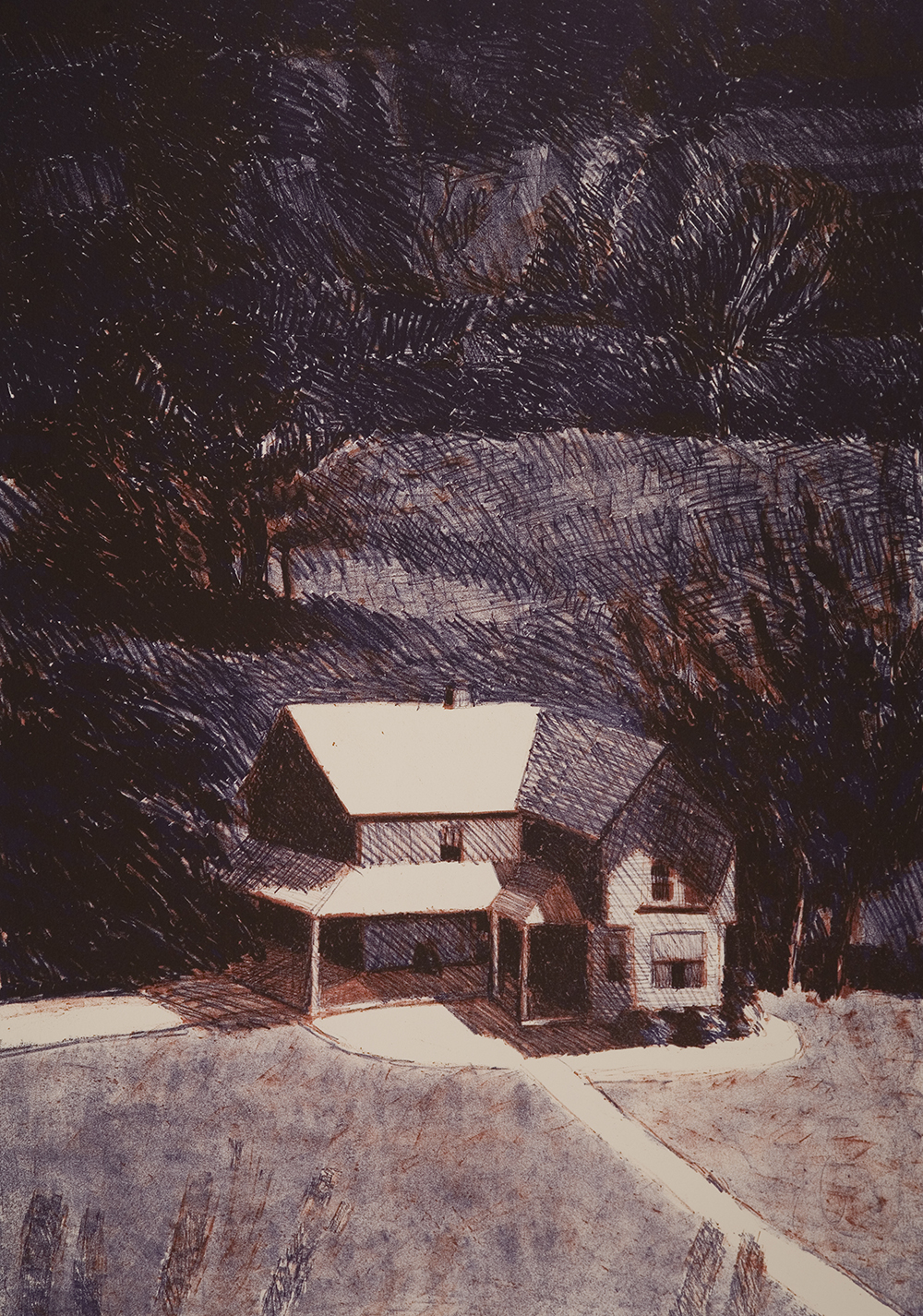 A print of a house at night. The house is lighter in the foreground with the background taking up two-thirds of the print. The background is a dark landscape of hills and trees rendered in cross-hatching. The house is an L-shape with a pitched roof and wrap-around porch. 