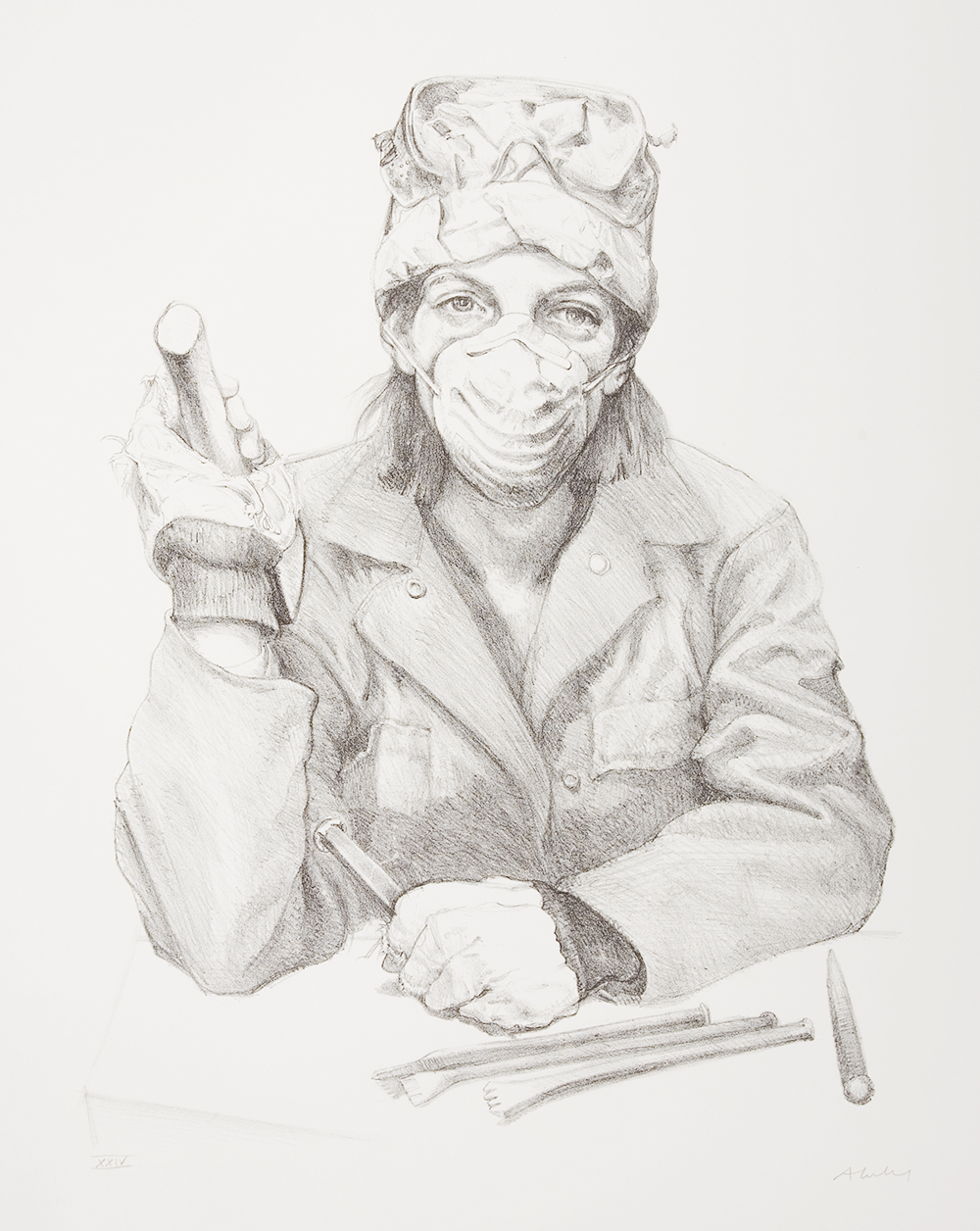 a lithograph that looks like a pencil drawing shows a portrait of a female sculptor from the waist up. She is looking straight at the viewer. She has a hat on her head with some safety glasses on the hat. Her face is covered in a dust mask. She has on a heavy coat and is wearing work gloves. In her right hand is a mallet and in her left hand a chisel. There are four chisels laying on the table. 