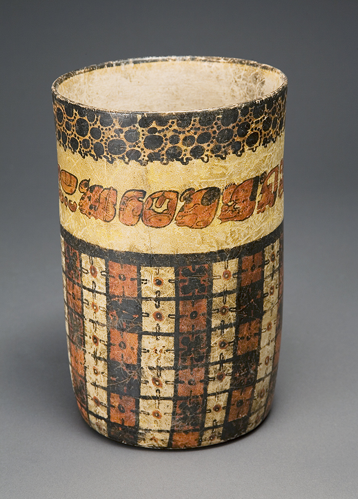 Vase with checkerboard pattern and Jaguar Pelt, Guatemala, Petén region, Maya culture, 600–900, earthenware and pigment, purchased with funds from Friends of the Art Museum, UMFA 1984.003
