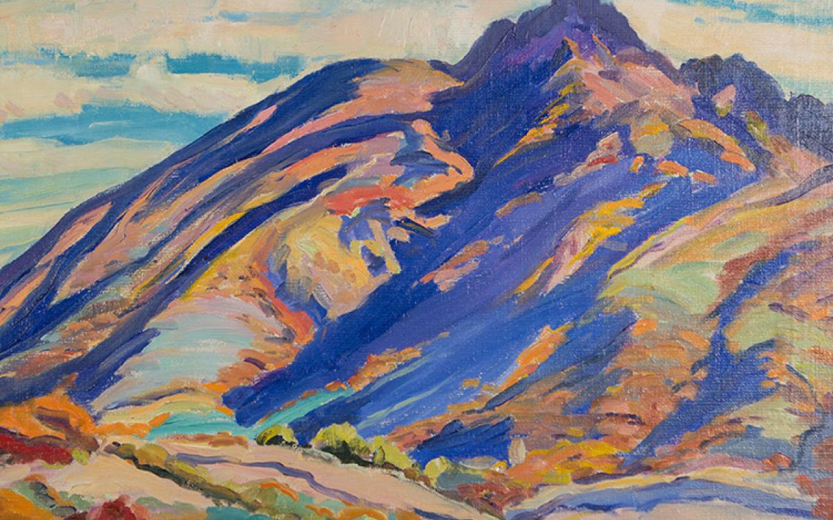 a loose impressionistic mountain in shades of purple and yellow