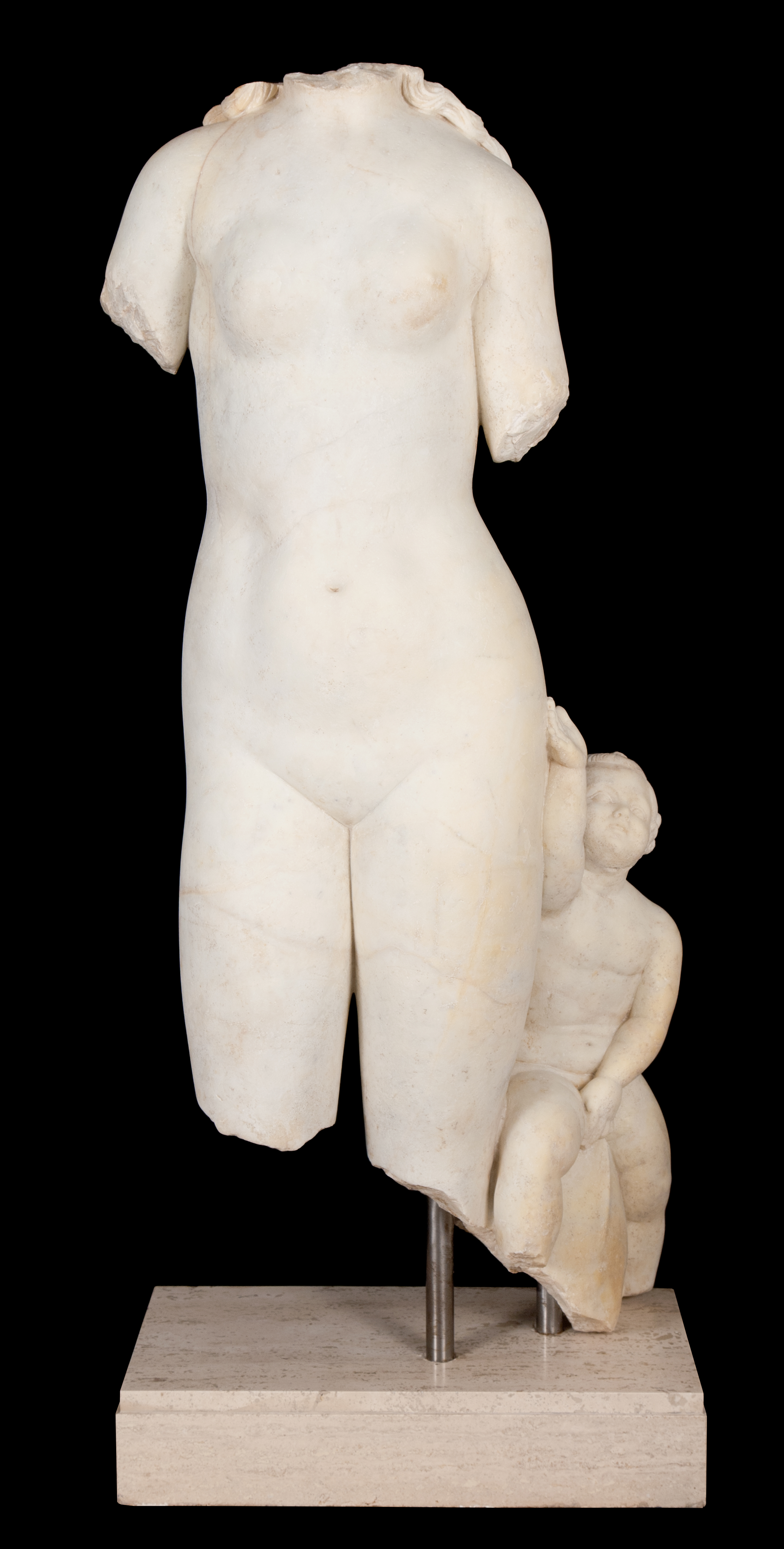 Aphrodite with Eros on a dolphin at her side, Roman, Italy, Imperial Period 1st–2nd century, Greek mainland marble and pigment, Purchased with funds from the Marriner S. Eccles Foundation for the Marriner S. Eccles Collection of Masterworks, UMFA1990.014.001