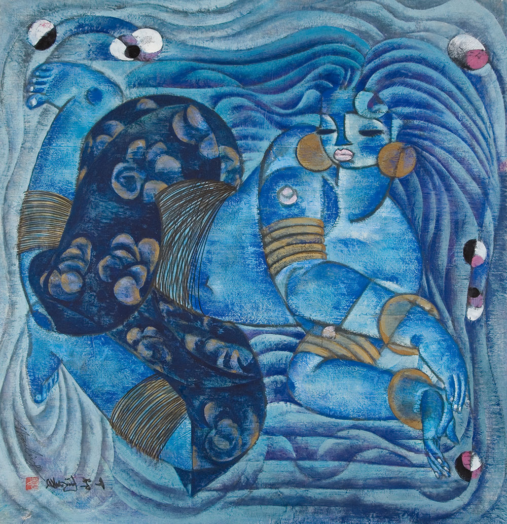 a gouache painting of a woman with blue skin and hair who wears a blue flower printed skirt. She is curled up with her knees bent and feet behind as if swimming in a blue ocean. Her face is made up of geometric shapes that outline her features. 